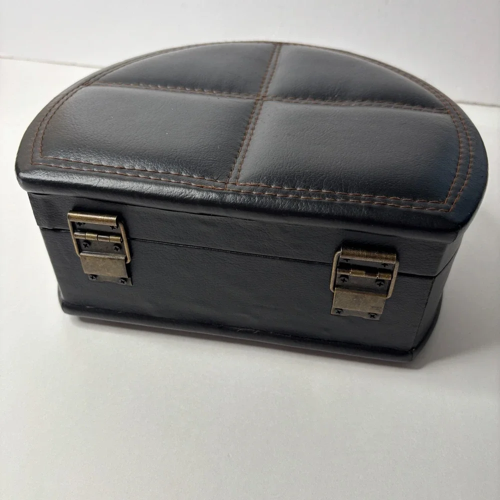 Vintage Black Faux Leather Quilted Decorative Box Travel Case Velvet Lined 10.5